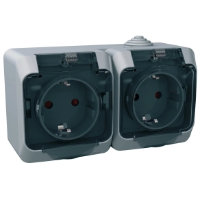 Schneider Electric Cedar Plus - WDE000625 - 2x2P+F csatlakozóaljzat, biztonsági zsaluval, átlátszó csapófedéllel, IP44, szürke