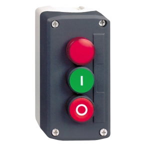 Schneider Electric Harmony XALD - XALD363G - tokozott nyomógomb, 1 zöld - 1 piros nyomógomb - 1 piros 120VAC LED lámpa, 1NO+1NC, "I" "O" feliratok