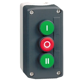   Schneider Electric Harmony XALD - XALD339 - tokozott nyomógomb, 1 fehér - 1 piros - 1 fekete, 2NO+1NC, "I" "O" "II" feliratok