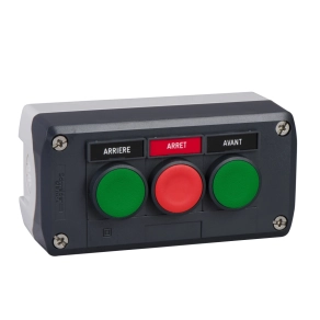   Schneider Electric Harmony XALD - XALD311 - tokozott nyomógomb, 2 zöld - 1 piros nyomógomb, 1NO+1NC, "Avant" "Arrét" "Arriére" felirati címkék