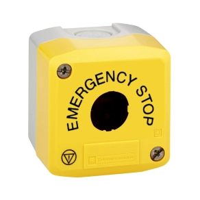   Schneider Electric Harmony XALK - XALK01H29 - tokozat vészleállítóhoz, sárga, üres, 1 kivágás, "EMERGENCY STOP" felirat és logo