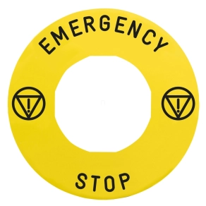   Schneider Electric Harmony XB4 - ZBY9330T - sárga köralakú felirati tábla, Ø60, vészleállítóhoz, ZBZ3605 védőgallérhoz, logóval, EMERGENCY STOP