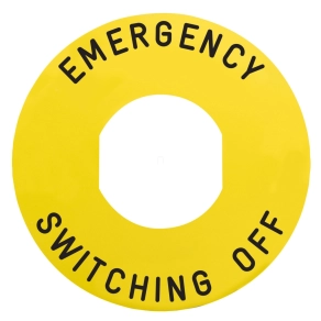   Schneider Electric Harmony XB4 - ZBY9360 - sárga köralakú felirati tábla, Ø60, ZB5AW743 vészkapcsolóhoz, EMERGENCY SWITCHING OFF