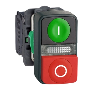 Schneider Electric Harmony XB5 - XB5AW73731B5 - komplett műanyag kettősfejű nyomógomb, Ø22, 1NO+1NC, zöld "I" + piros "O" gomb + LED, 24VAC/DC