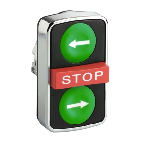   Schneider Electric Harmony XB4 - ZB4BA73133 - fém kettősfejű nyomógomb fej, Ø22, visszatérő, 1-1 zöld jobb/bal nyíl nyomógomb, piros kiemelkedő STOP gomb