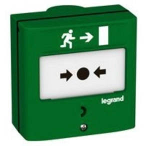   Legrand Kézi jelzésadó vészkijárathoz, zöld RAL 6016, 1 váltóérintkezővel-5A-24V=, IP30-IK07 - 138023
