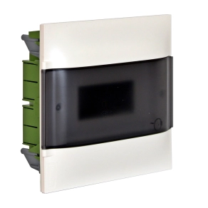   Legrand PractiboxS 1sor8 modul, gipszkartonba süllyeszthető kiselosztó (850°C), átlátszó füstszínű ajtóval, védőföld és nulla elosztókapoccsal - 134178