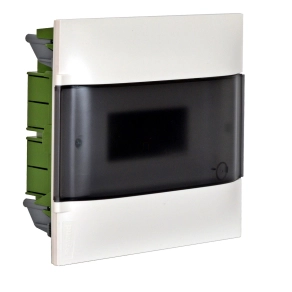   Legrand PractiboxS 1 sor 12 modul, téglafalba süllyeszthető kiselosztó(650°C), átlátszó füstszínű ajtóval, védőföld és nulla elosztókapoccsal - 135151