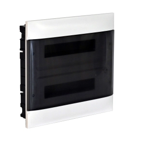   Legrand PractiboxS 2 sor 18 modul, téglafalba süllyeszthető kiselosztó(650°C), átlátszó füstszínű ajtóval, védőföld és nulla elosztókapoccsal - 137157