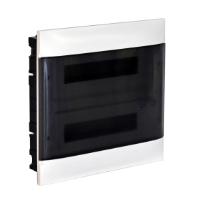   Legrand PractiboxS 2sor 18 modul, gipszkartonba süllyeszthető kiselosztó(850°C), átlátszó füstszínű ajtóval, védőföld és nulla elosztókapoccsal - 137177