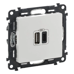   Legrand Valena Life töltőaljzat kettős USB C-típusú + USB A-típusú csatlakozóval, 5V–3A–15W, Túlfesz-védelem <gt/>1kW, Class II SELV, fehér - 753106