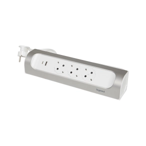  Legrand sarokba illeszkedő elosztósor, 3x2P+F, USB-A + USB-C, 1 m vezetékkel, fehér-alumínium - 694502