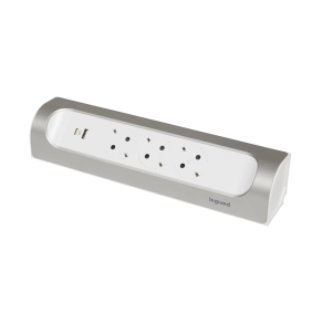   Legrand sarokba illeszkedő elosztósor, 3x2P+F, USB-A + USB-C, vezeték nélkül, fehér-alumínium - 694504