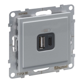   Legrand Suno 2xUSB-A+C töltőaljzat, 3 A-15 W, alumínium - 721330