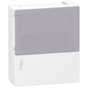 Schneider Electric Resi9 Mini Pragma - MIP12108T - Kiselosztó, tejüveg hatású átlátszó ajtó, falon kívüli, 1x8 modul, PEN sín, fehér