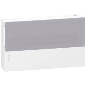   Schneider Electric Resi9 Mini Pragma - MIP12118T - Kiselosztó, tejüveg hatású átlátszó ajtó, falon kívüli, 1x18 modul, PEN sín, fehér