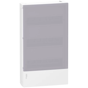   Schneider Electric Resi9 Mini Pragma - MIP12312T - Kiselosztó, tejüveg hatású átlátszó ajtó, falon kívüli, 3x12 modul, PEN sín, fehér
