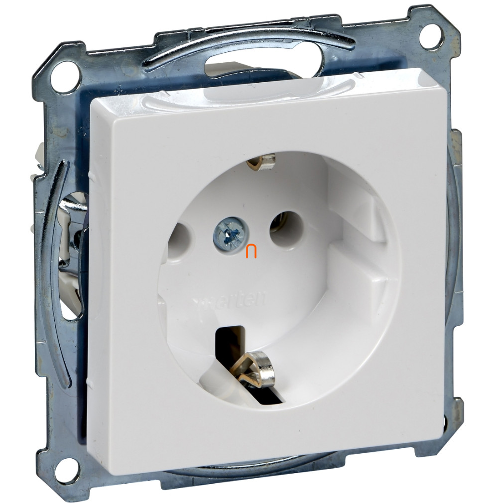 Schneider Merten System M Schuko csatlakozóaljzat fedlappal, rugós, aktív fehér MTN2301-0325