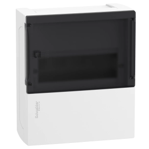 Schneider Electric Resi9 Mini Pragma - MIP12108S - Kiselosztó, füstszínű átlátszó ajtó, falon kívüli, 1x8 modul, PEN sín, komplett, fehér
