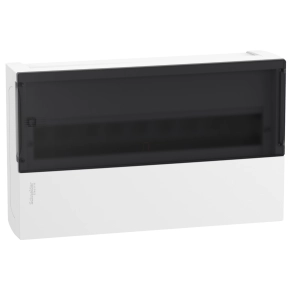   Schneider Electric Resi9 Mini Pragma - MIP12118S - Kiselosztó, füstszínű átlátszó ajtó, falon kívüli, 1x18 modul, PEN sín, fehér
