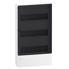   Schneider Electric Resi9 Mini Pragma - MIP12312S - Kiselosztó, füstszínű átlátszó ajtó, falon kívüli, 3x12 modul, PEN sín, fehér