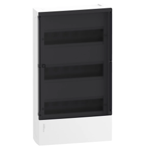 Schneider Electric Resi9 Mini Pragma - MIP12312S - Kiselosztó, füstszínű átlátszó ajtó, falon kívüli, 3x12 modul, PEN sín, fehér