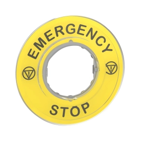 Schneider Electric Harmony XB4 - ZBY9320 - sárga köralakú felirati tábla, Ø60, vészleállítóhoz, logóval, EMERGENCY STOP