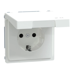   Schneider Merten 2P+F csatlakozóaljzat, biztonsági zsaluval, csapófedéllel, rugós bekötés, 16A, IP44, lótuszfehér (System Design)