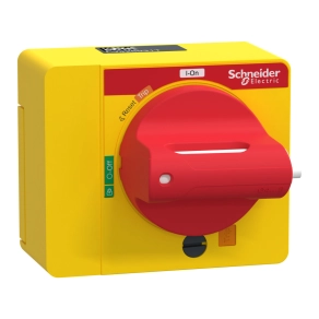   Schneider Electric ComPacT NSXm - Direkt forgóhajtás piros fogantyú/sárga előlap, IP40 védettség, 1-3 lakattal zárható BE/KI pozícióban; LV426931T
