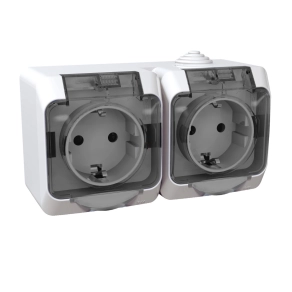   Schneider Electric Cedar Plus - WDE000526 2x2P+F csatlakozóaljzat, biztonsági zsaluval, átlátszó füstszínű csapófedéllel, IP44, fehér