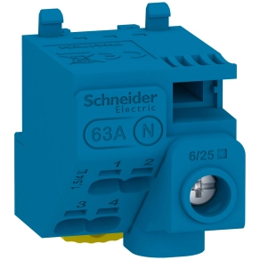 Schneider Electric Resi9 - LGYT1N05 - Csatlakozóblokk, 1 x 6/25 (csavaros) + 4 x 1.5/4 (gyorscsatl.) (63 A) + jumper