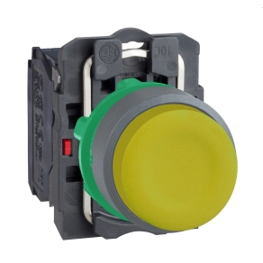 Schneider Electric Harmony XB5 - XB5AP51C0 - komplett műanyag nyomógomb, Ø22, gumisapkás, kiálló, visszatérő, 1NO, sárga, szürke körgyűrű