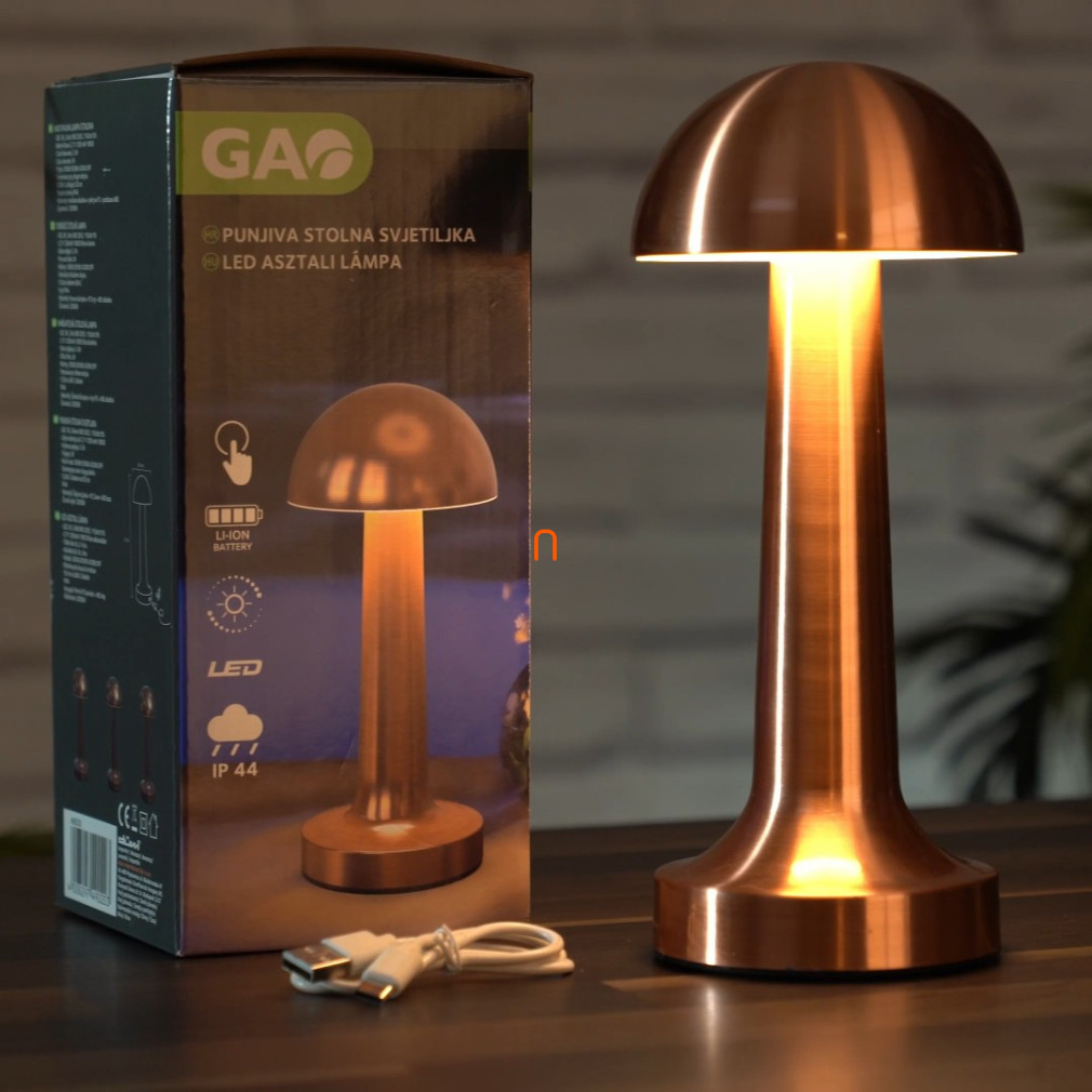 Kültéri szabályozható asztali LED lámpa, érintőkapcsolós, tölthető, 21 cm, vörösréz színben - GAO 49020, 2 W, 110 lm