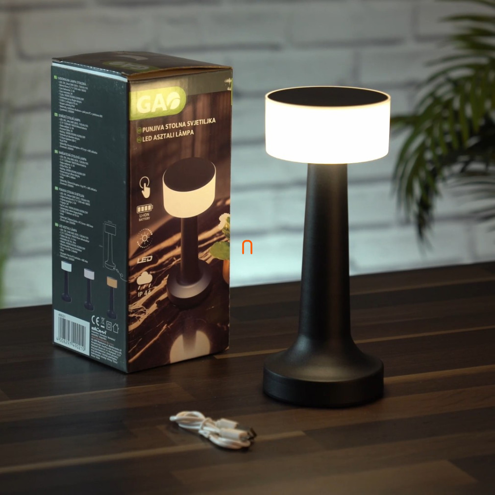 Kültéri szabályozható asztali LED lámpa, érintőkapcsolós, tölthető, 21 cm, fekete színben - GAO 49021, 2 W, 120 lm