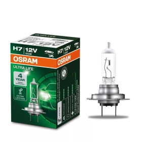   Osram Ultra Life H7 halogén fényszórólámpa, 12V, 1500 lumen, ezüst fej, akár négyszer hosszabb élettartam, ideális nappali menetfényhez és gyakori használathoz, 64210ULT, 1db/doboz