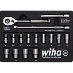   Wiha 44683 metrikus dugókulcs készlet . racsnis hajtókarral, 1/4 befogással, 4-14mm, 6szögű, 17részes