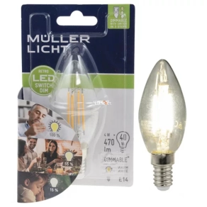   Bontott csomagolású Müller Licht Switch DIM filament gyertya LED 5,5W 470lm E14 melegfehér, kapcsolóval szabályozható