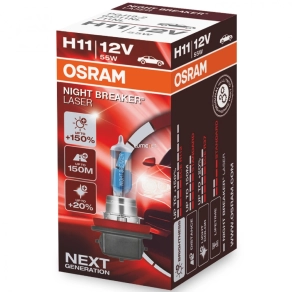   Osram Night Breaker Laser H11 halogén fényszóró izzó, akár 150%-kal nagyobb fényerő, 150 m hatótáv, 3200 K színhőmérséklet, 64211NL, 1 darab/doboz