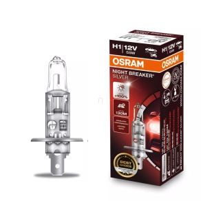   Osram Night Breaker Silver H1 halogén fényszórólámpa, akár 100% extra fényerő, 130 méteres fénykéve, 1550 lumen, 3200 Kelvin, kiváló ár-teljesítmény arány, P14.5s, 64150NBS, 1 darab/doboz