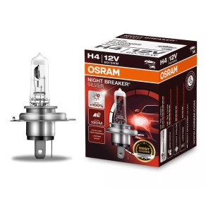   Osram Night Breaker Silver H4 halogén fényszórólámpa, akár 100% extra fényerő, 130 méteres fénykéve, 1650/1000 lumen, 3200 Kelvin, megbízható német minőség, P43t, 64193NBS, 1 darab/doboz