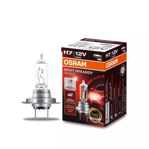   Osram Night Breaker Silver H7 autólámpa, akár 100% több fény, 130 méteres fénykéve, hosszú élettartam, 1500 lumen, 12 V, PX26d, megbízható minőség, 64210NBS, 1 darab/doboz