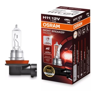   Osram Night Breaker Silver H11 halogén izzó, akár 100% nagyobb fényerő, 130 méteres fénykéve, 3200 K színhőmérséklet, hosszú élettartam, 12 V, PGJ19-2, 64211NBS, 1 darab/doboz