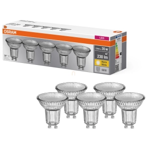   Osram GU10 LED 2,6W, 230 lm, 2700 K, melegfehér, áttetsző üveg-35 W izzó helyett, 5 darabos - Base Spot PAR16