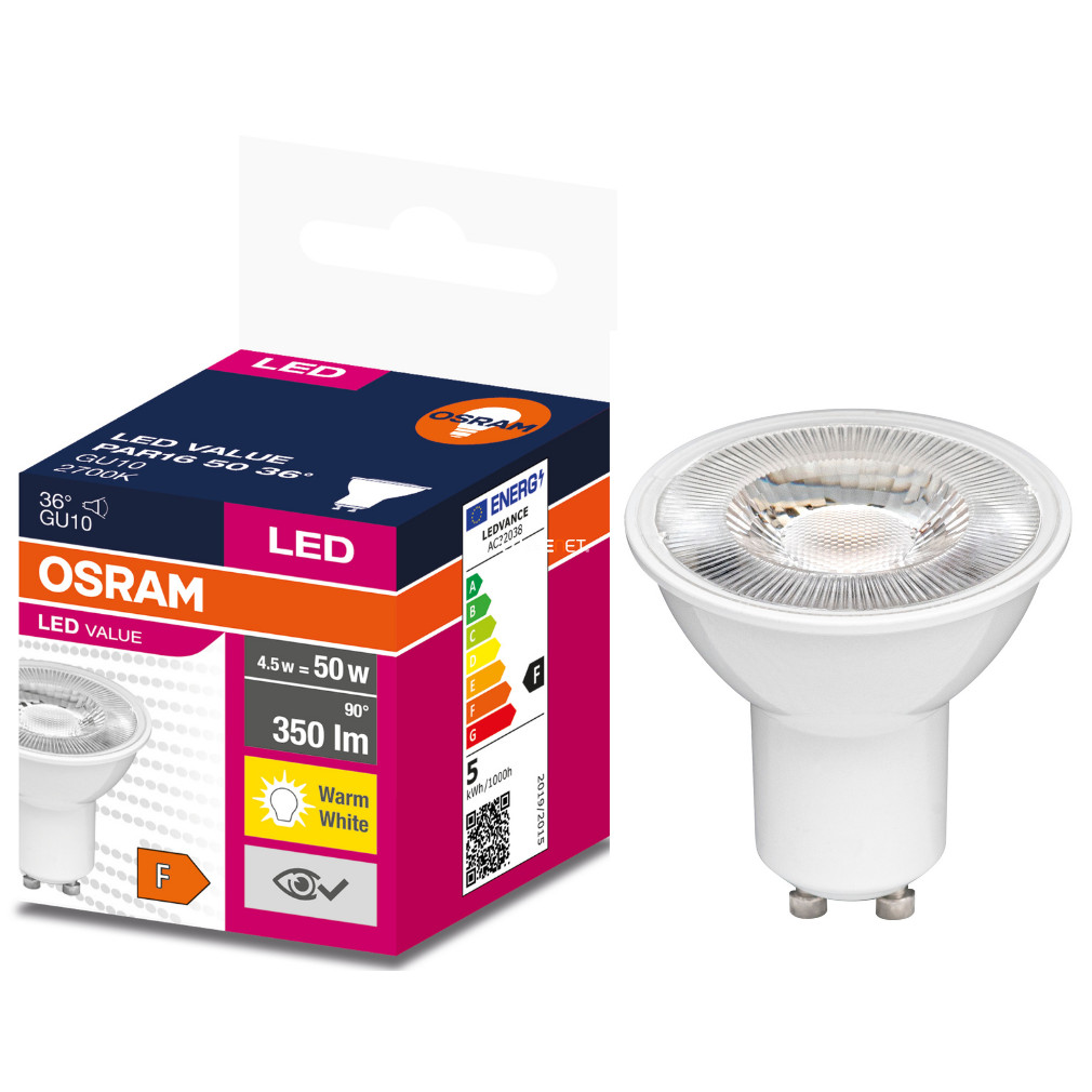 Osram GU10 LED Value 4,5W 350lm 2700K melegfehér 36° - 50W izzó helyett