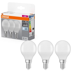   Osram E14 LED kisgömb, 4,9W, 470 lm, 4000 K, hidegfehér, opál műanyag-40 W izzó helyett, 3 darabos - Base Classic P