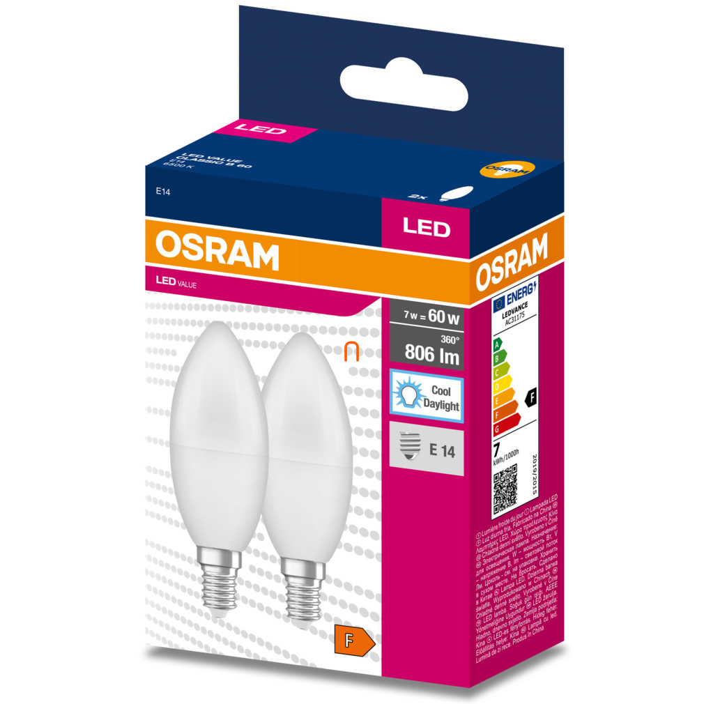 Osram E14 LED Value Classic gyertya fényforrás 7,5W, 806 lm, 6500 K, 60 W izzó helyett (2 darabos)