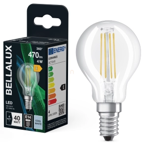   Bellalux E14 LED kisgömb, 4W, 470 lm, 4000 K, hidegfehér, áttetsző üveg-40 W izzó helyett - Classic P filament