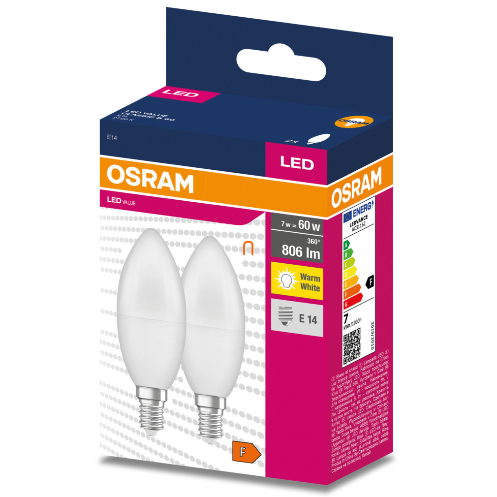 Osram E14 LED Value Classic gyertya fényforrás 7,5W, 806 lm, 3000 K, 60 W izzó helyett (2 darabos)