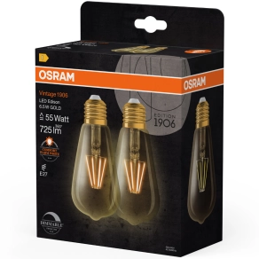   Osram E27 LED 6,5W, 725 lm, 2400 K, candlelight, dimmelhető, arany színű színű üveg-52 W izzó helyett, 2 darabos - Vintage 1906 DIM Classic Edison Gold filament