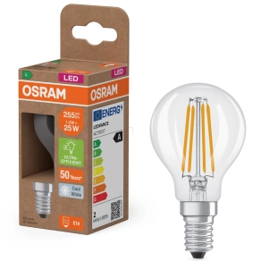   Osram E14 LED kisgömb, 1,2W, 255 lm, 4000 K, hidegfehér, áttetsző üveg-25 W izzó helyett - Superstar+ Classic P filament